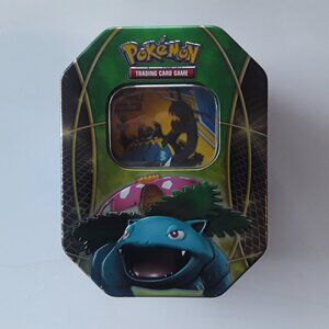 Pokemon Tin including 36 cards, 6 smaller cards, card folder, and a coin